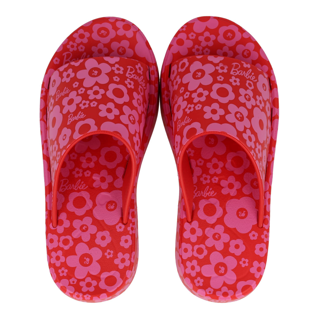 Par de tamancos Grendene Kids Barbie vermelho com estampa floral rosa vista superior